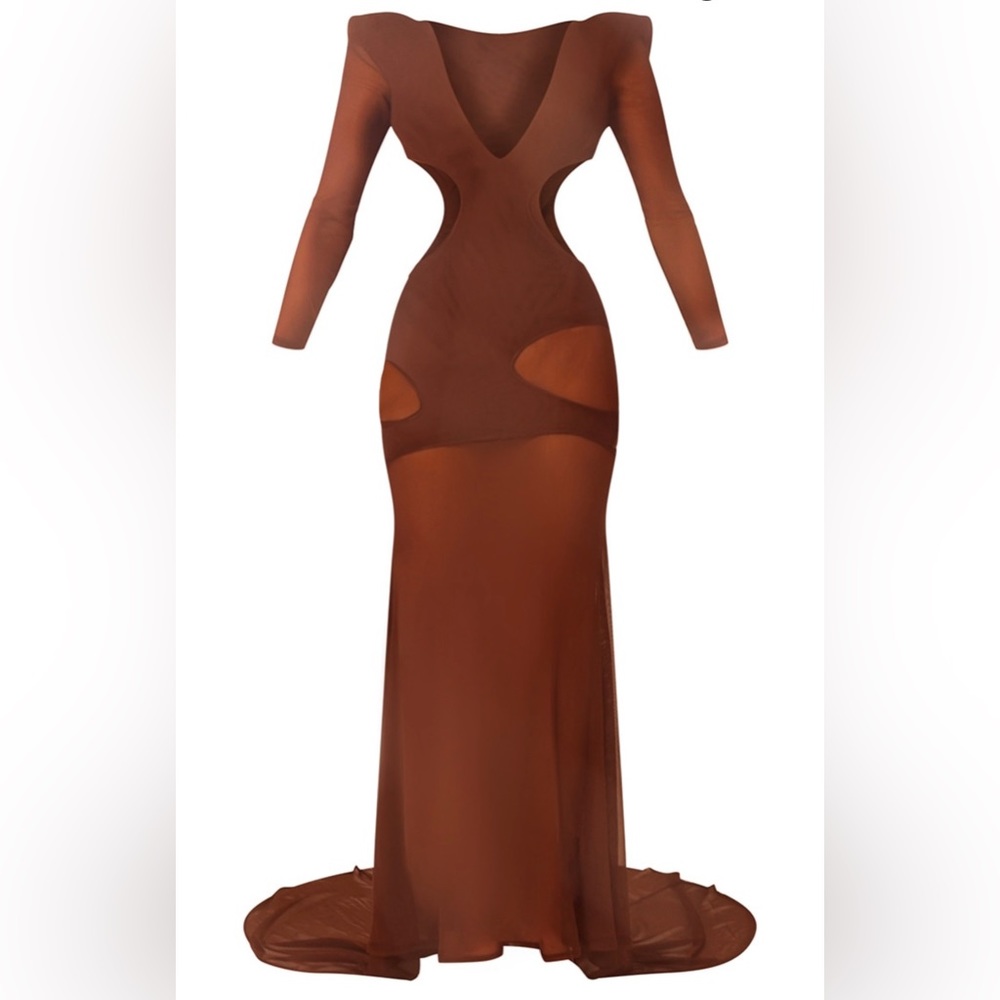 Prettylittlething Chocolate Mesh Cut Out Layered Maxi Dress